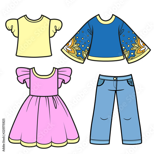 Beautiful casual clothes jeans, summer dress and blouses on a white background