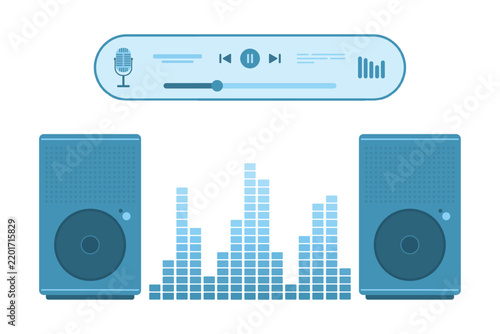Sound system set vector illustration. Cartoon isolated stereo speaker and subwoofer devices, player app to control and play mp3, record voice and music, spectrum equalizer with sound waves bars
