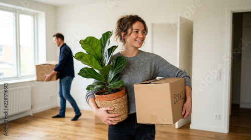 Young couple moving into new apartment, carrying boxes and plants