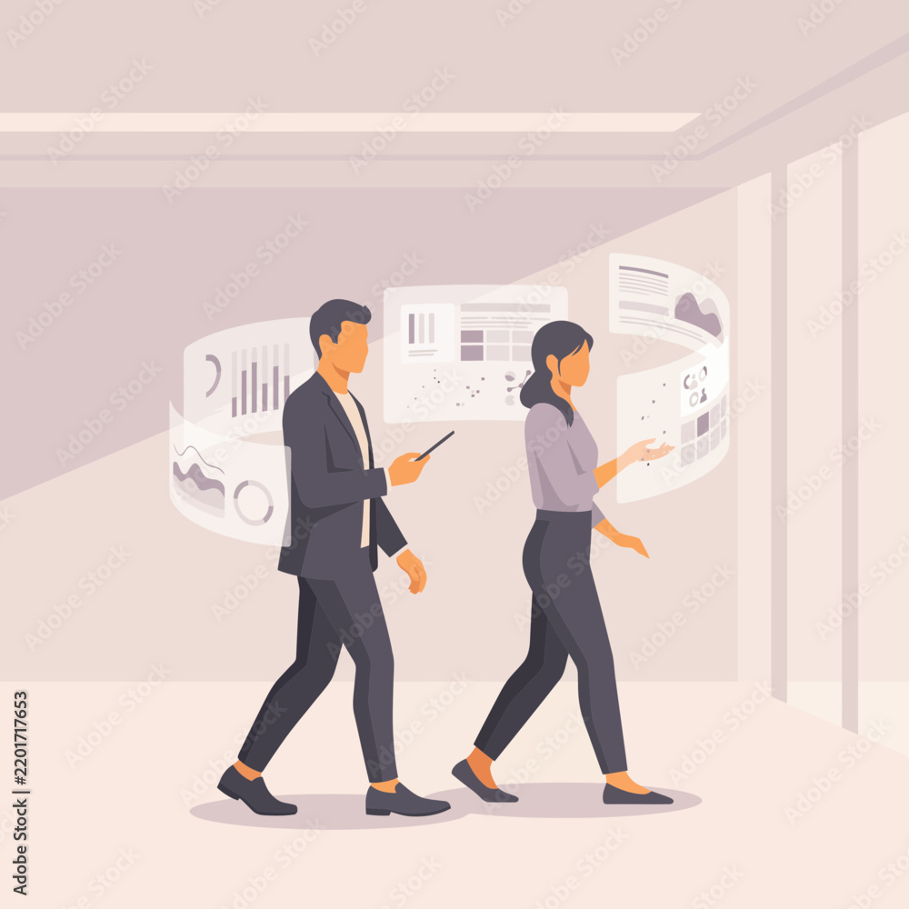 Obraz premium Business professionals analyzing financial data on transparent holographic