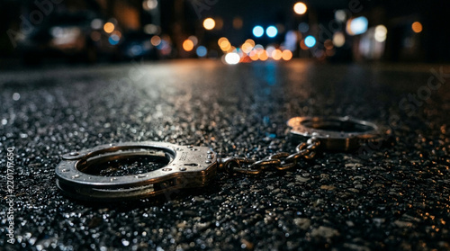 Handcuffs on wet asphalt at night with blurred city lights background