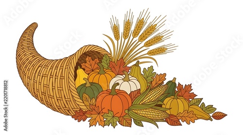 Autumn Harvest Cornucopia Filled With Pumpkins Squash Corn Wheat Stalks Acorns And Colorful Fall Leaves Thanksgiving Seasonal Vector Illustration