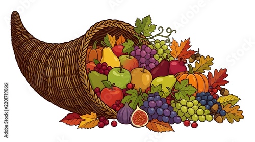 Autumn Harvest Cornucopia Overflowing With Fresh Fruits Pumpkins Grapes Apples Pears Berries Leaves And Seasonal Farm Produce Vector Illustration