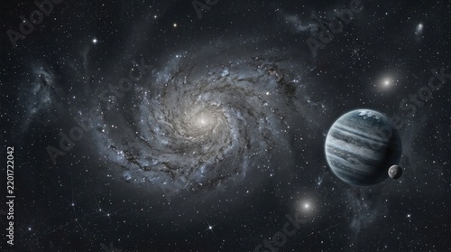 Galactic spiral nebula with planet and moon