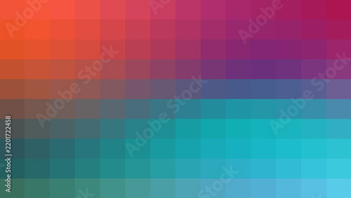 A contemporary and minimalist abstract background featuring a pixelated mosaic grid, showcasing a smooth color gradient that transitions seamlessly from warm orange and red to cool purple, blue