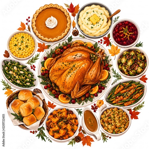 Thanksgiving Dinner Feast With Roasted Turkey Mashed Potatoes Pumpkin Pie Cranberry Sauce Corn Green Beans Carrots Rolls Stuffing And Autumn Garnishes