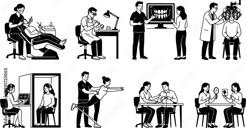 Fototapeta premium Set of medical professionals examining patients in various clinics