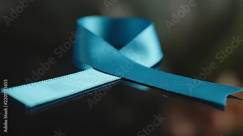 Teal ribbon reflected on glossy surface with slow camera push showing details and texture