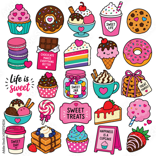 Sweet Treats Sticker Collection with Cupcakes, Donuts, Ice Cream, Macarons, Cookies, Cake, Candy and Dessert Illustrations for Cute Food Design, Bakery Branding, Planner and Scrapbook