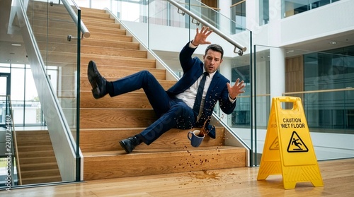Businessman slipping and falling down office stairs with spilled coffee, hazard concept with caution wet floor sign. Corporate employee losing balance on wooden steps in office, generative AI