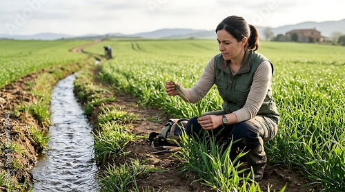 Farmer in green shirt inspecting organic crops outdoors.
