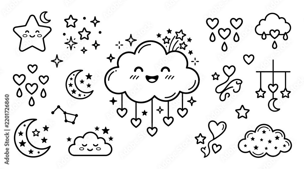 Obraz premium Kawaii cloud and star line art set, cute nursery sky elements outline vector, sweet dream baby shower stickers, black and white doodle clipart
