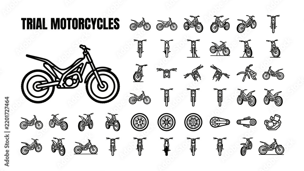 Fototapeta premium Trial Motorcycles Collection: A comprehensive assortment of vector graphics showcasing trial motorcycles in various poses and component views, highlighting their unique design and engineering.