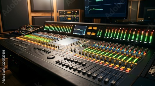 Professional audio mixing console in music recording studio with glowing meters
