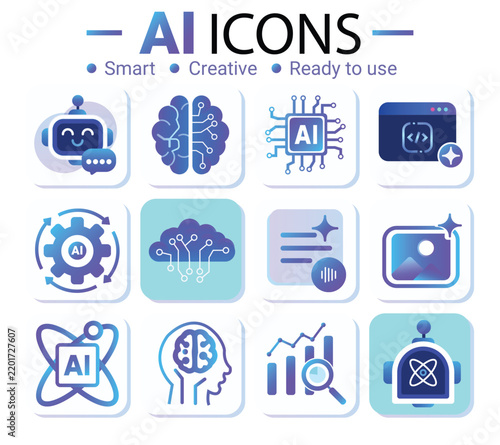 Modern generative AI icon set with gradient line style, featuring symbols for music, image, magic, stars, chat, and automation, ideal for digital tools and branding vector illustration