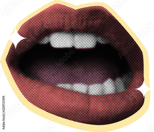 Bright red comic book lips with white teeth in a pop art style halftone dot texture. Suitable for beauty or fashion designs.