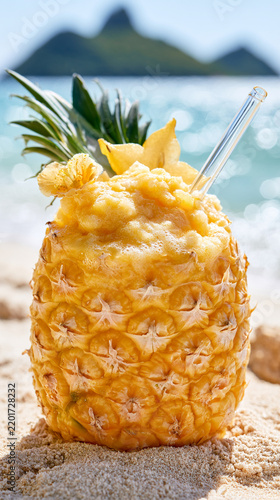 Pineapple Smoothie Served in a Hollowed Pineapple on a Tropical Beach
