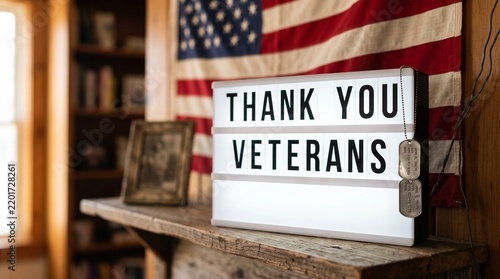 Honoring service a lightbox sign reads thank you veterans in front of an american flag