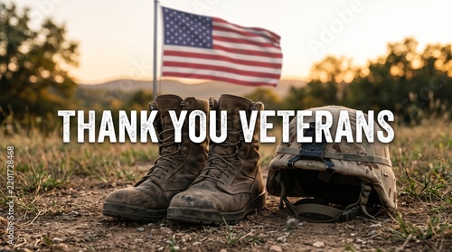 Combat military boots displayed in front of a waving american flag honoring brave veterans and their dedication to our country