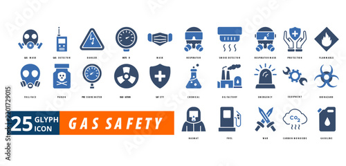 gas safety icon set with gas mask, gas detector, danger,
meter, mask, respirator, smoke detector, respirator mask,
protection, flammable, full face, poison, pressure meter,
radiation, safety, chemical