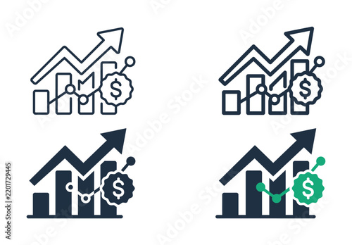 Startup valuation model and company equity pricing vector icon pack for venture capital deals, DCF method, and funding evaluation