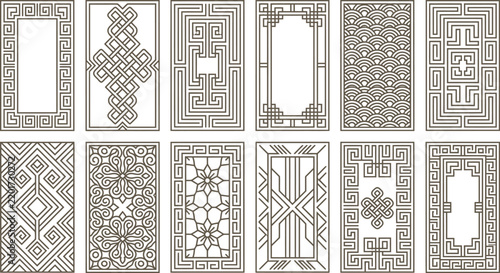 Geometric decorative frames set, 12 laser cut panel designs with oriental and art deco patterns, ornamental border vector templates for interior screens