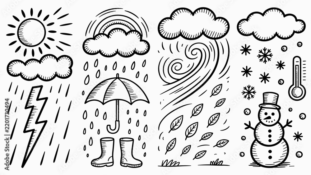 Obraz premium Weather icons collection illustrating seasonal changes with snowman, rain, storm, and sun elements
