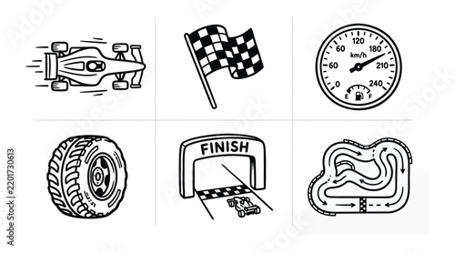 Set of racing icons including race car, checkered flag, speedometer and track