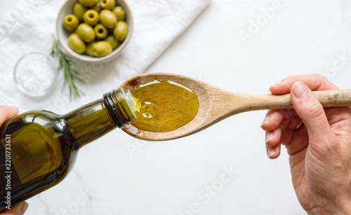 Pouring extra virgin olive oil from bottle into wooden spoon with bowl of green olives and rosemary, top view
