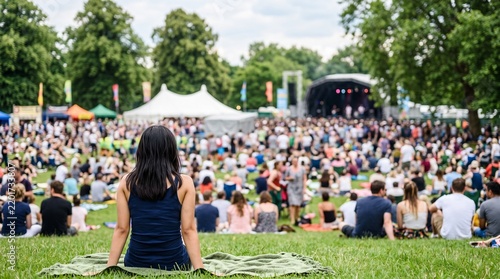 A Spectator Enjoys the Music Festival Atmosphere While Watching a Live Performance with a Large Crowd