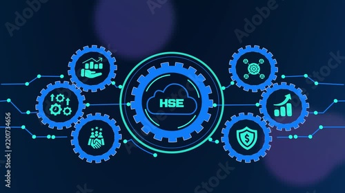 HSE health safety environment management concept with compliance, risk control, teamwork and enterprise protection.