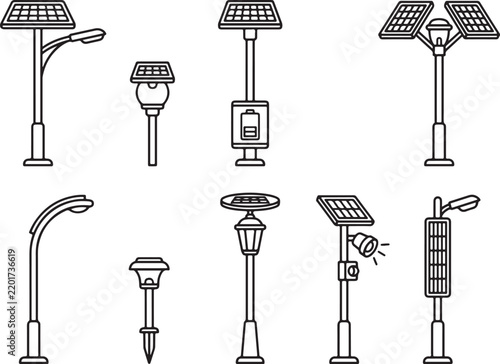 Solar Street Light Icons Vector Set Featuring Various Off-Grid Lamp Designs