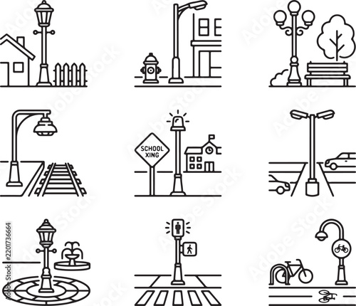 Street Light Icons Vector Set Illustrating Urban Streetscape Elements and Scenarios