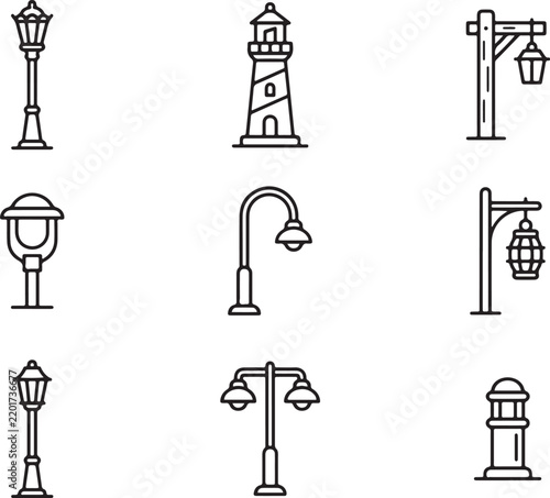Street Lighting Icons Vector Set Featuring Diverse Lamp Post and Lighthouse Designs