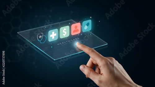 Hand touching digital healthcare interface with icons