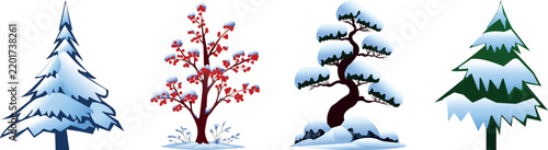 Four stylized winter trees covered in snow, isolated on white background