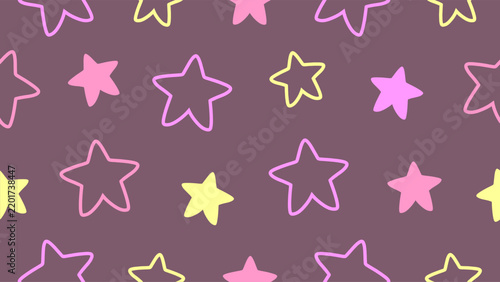 Cute seamless pattern with doodle stars in pink and yellow colors on dark background 