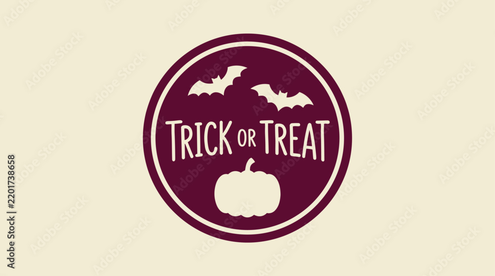 Obraz premium Autumn vector 'Trick or Treat' emblem with pumpkin and bats, set in a circular design for Halloween graphics and seasonal decorations