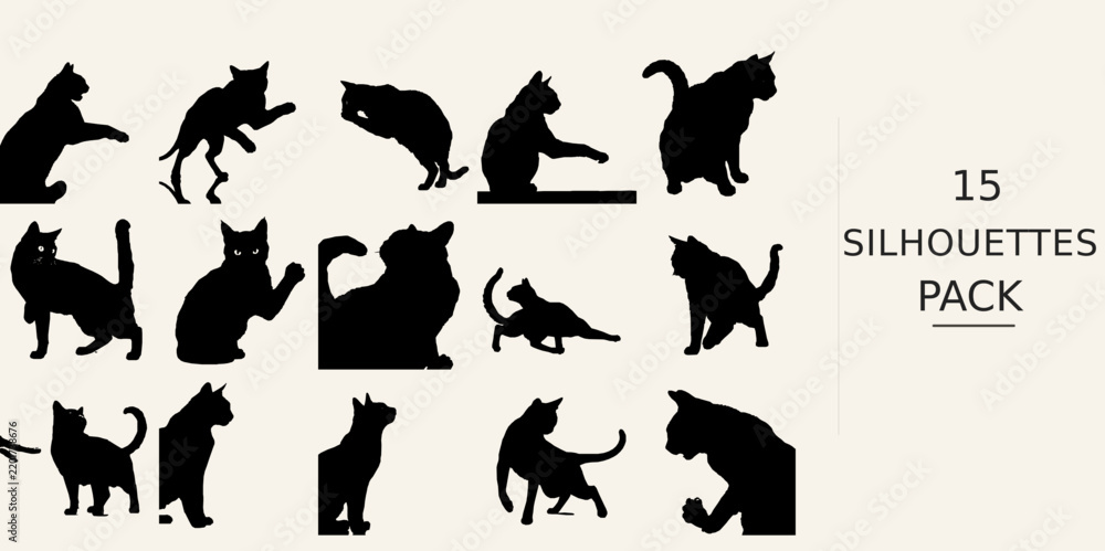 Fototapeta premium Cat Pouncing Silhouette - Fine Detail Hand Cut Silhouette Look Black Vector Clipart on White Background