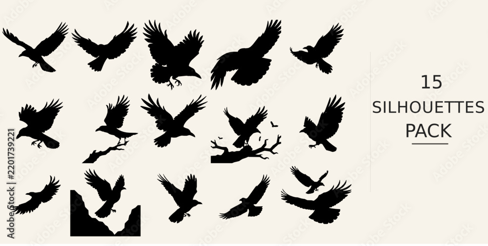 Obraz premium Raven Flying Silhouette - Powerful Pose Paper Cut Silhouette Style Black Vector Clipart on White Background