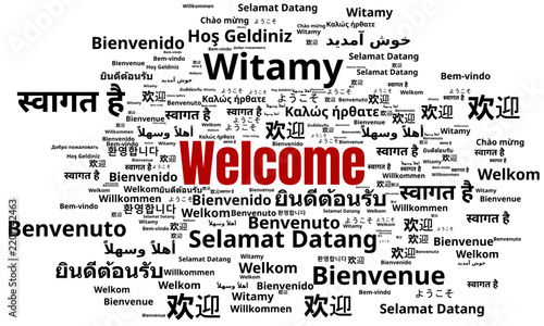 Multilingual Welcome Word Cloud Typography Concept Banner for International Hospitality