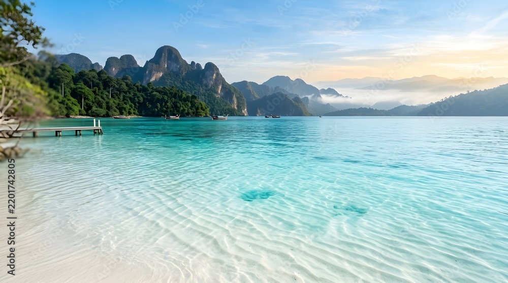 Obraz premium A stunning tropical beach with crystal clear turquoise water, white sand, and dramatic limestone mountains in the background under a bright sunny sky.