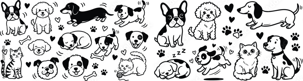 Obraz premium Dogs and Cat Hand Drawn Doodle Vector Set. 