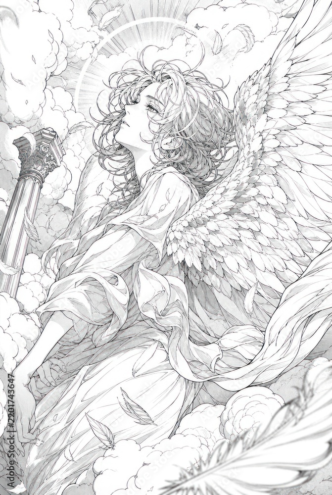 Fototapeta premium Ethereal angel with wings in heavenly clouds.