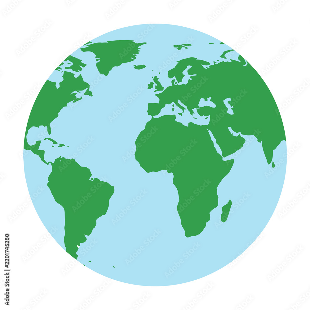 Obraz premium Stylized Globe Icon Featuring Green Continents and Blue Ocean on White Background