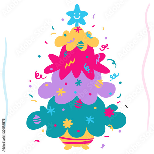 Bright festive Christmas tree decorated with colorful ornaments, stars, garlands and playful shapes, creating a cheerful holiday celebration theme.