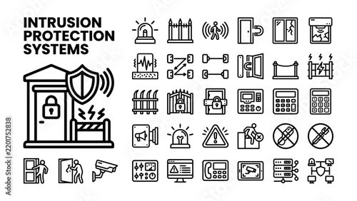 Intrusion Protection System Icons: A collection of graphic icons representing various components and functions of intrusion protection systems, including alarm, surveillance, and access control.