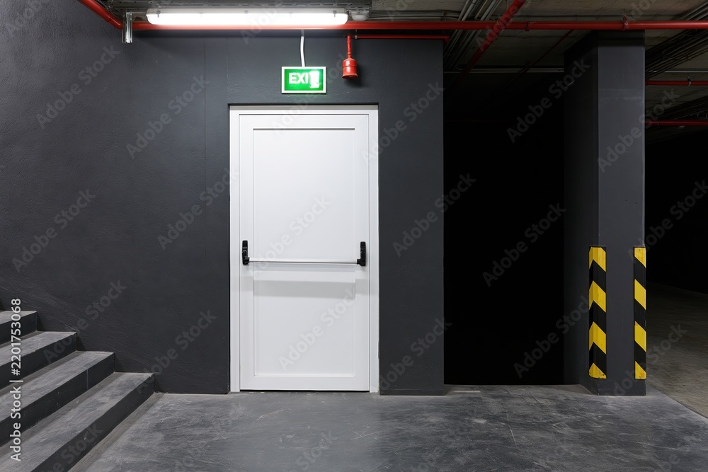Obraz premium The Exit Door in an Industrial Parking Garage Corridor at Night