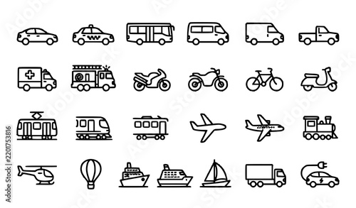 Linear Transportation Vehicle Icons Set with Cars Buses Trains and Airplanes