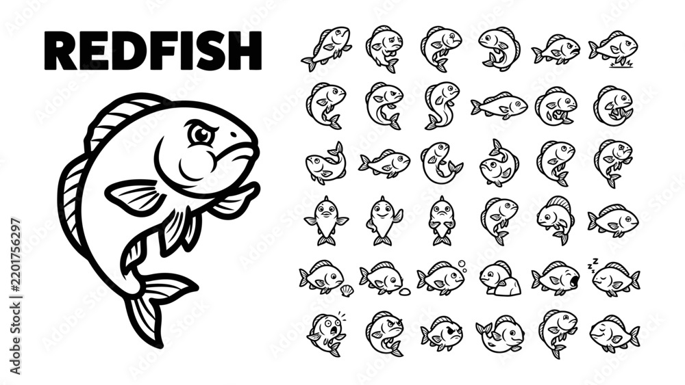 Fototapeta premium Redfish Collection: A bold illustration of a redfish accompanied by a collection of various fish icons, showcasing diverse aquatic life and marine themes.